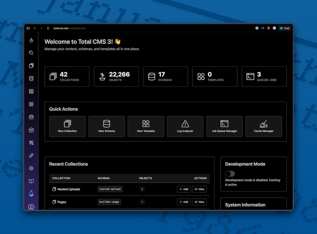 The Total CMS admin dashboard